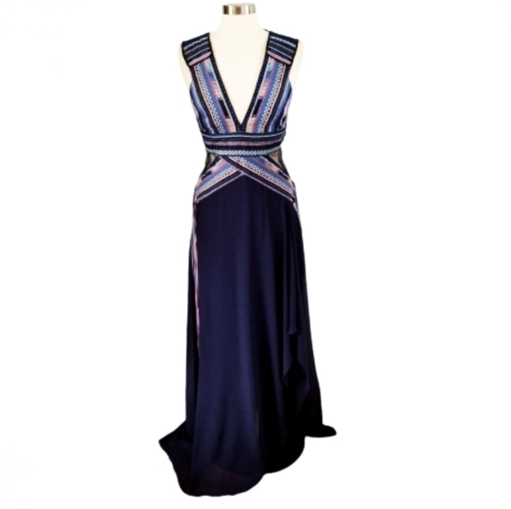 BCBGMaxAzria Elva Navy Blue Embroidered Cutout Maxi Dress Runway Size 10 - Picture 4 of 17